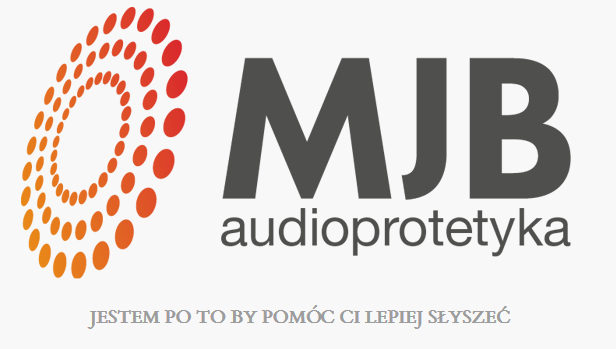 Logo MJB audioprotetyka, które składa się z szarego prostokąta, na którym w lewym rogu jest umieszczona pomarańczowa grafika (wiele małych kropek, które razem tworzą trzy okręgi). Obok grafiki znajdują się szare napisy: w pierwszym wierszu skrót MJB, w drugim słowo audioprotetyka, w trzecim zdanie: jestem po to by pomóc Ci lepiej słyszeć.
