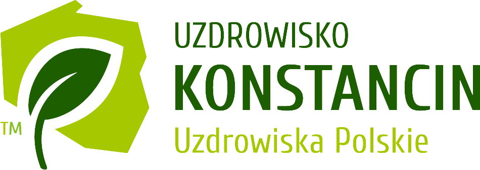 Logo Uzdrowiska Konstancin, które składa się z: grafiki (ciemno zielonego listka, umieszczonego na jasno zielonym tle, które ma kształt Polski oraz zielonych napisów: w pierwszym wierszu słowo Uzdrowisko, w drugim słowo Konstancin, a w trzecim słowo Uzdrowiska Polskie.